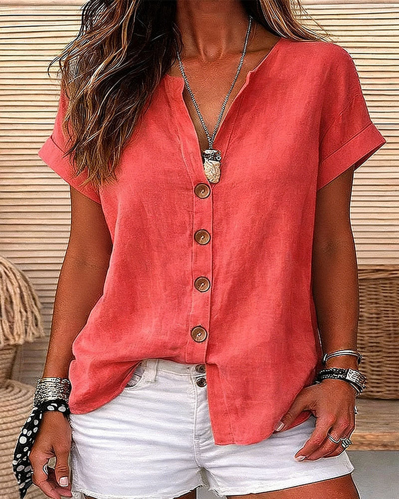 Skjorta V-Hals Enkelknäppt Kort Ärm
