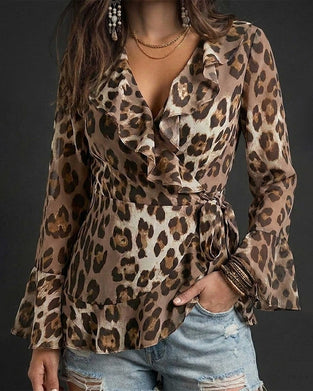 Blus V-Hals Ruffle Leopard