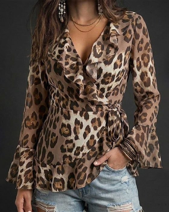 Blus V-Hals Ruffle Leopard