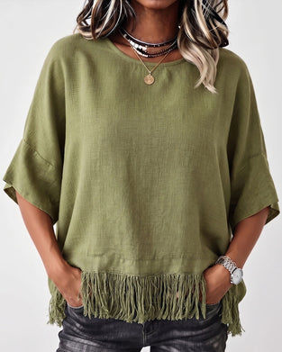 Blus Rundhals Fringe Armbågslång Ärm Solid