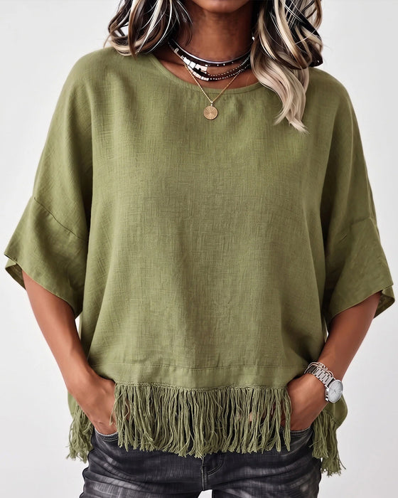 Blus Rundhals Fringe Armbågslång Ärm Solid