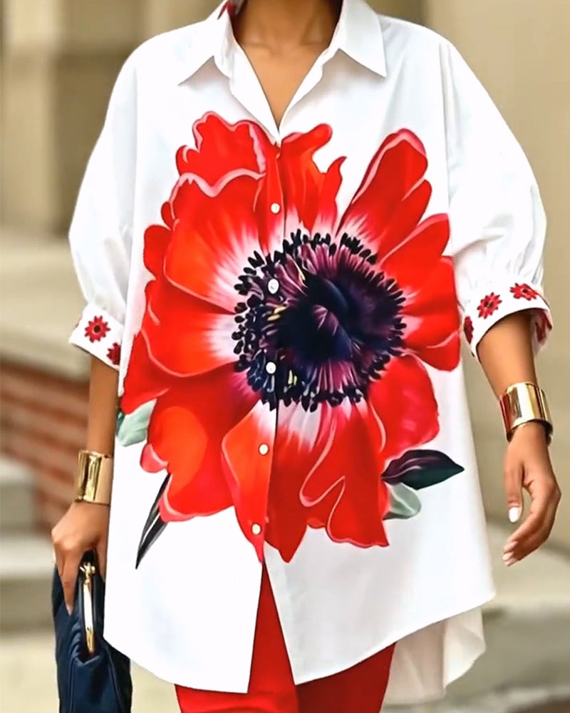 Skjorta Stor Blomprint Puffärm