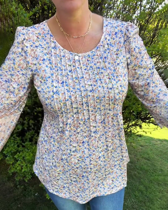 Puffärmad Blommig Veckad Topp