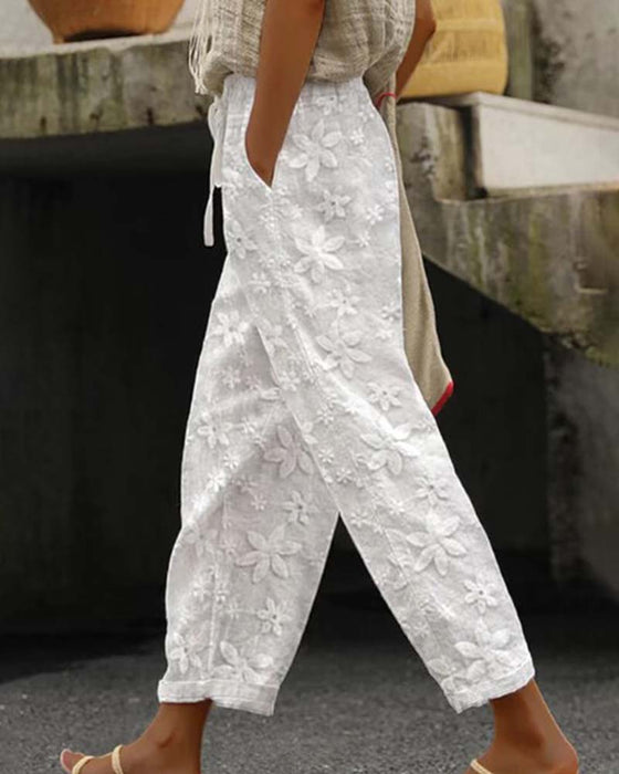 Blommiga broderade enfärgade spetsbyxor