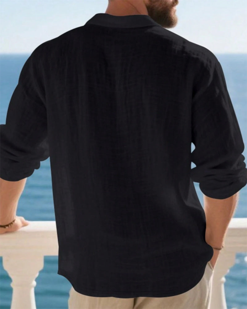 Skjorta Herr Lättvikt Lös Linne Långärmad Polo