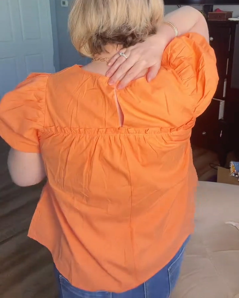 Blus Puffärm Loose-Fit Rynkad