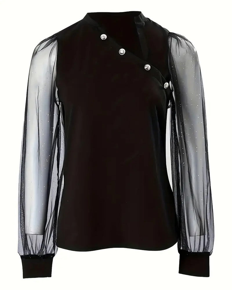 T-shirt trendig långärmad med oregelbundna knappar