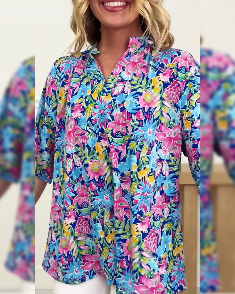 Topp Tropisk Blommig Kortärmad