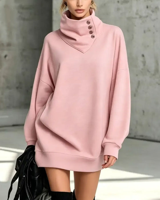 Klänning Turtleneck Diagonal Knapp Loose Fit