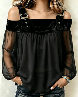 Blus Sammet Panel Stilig Cold Shoulder
