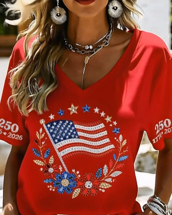 T-Shirt V-Hals Bokstav Blommig Kort Ärm
