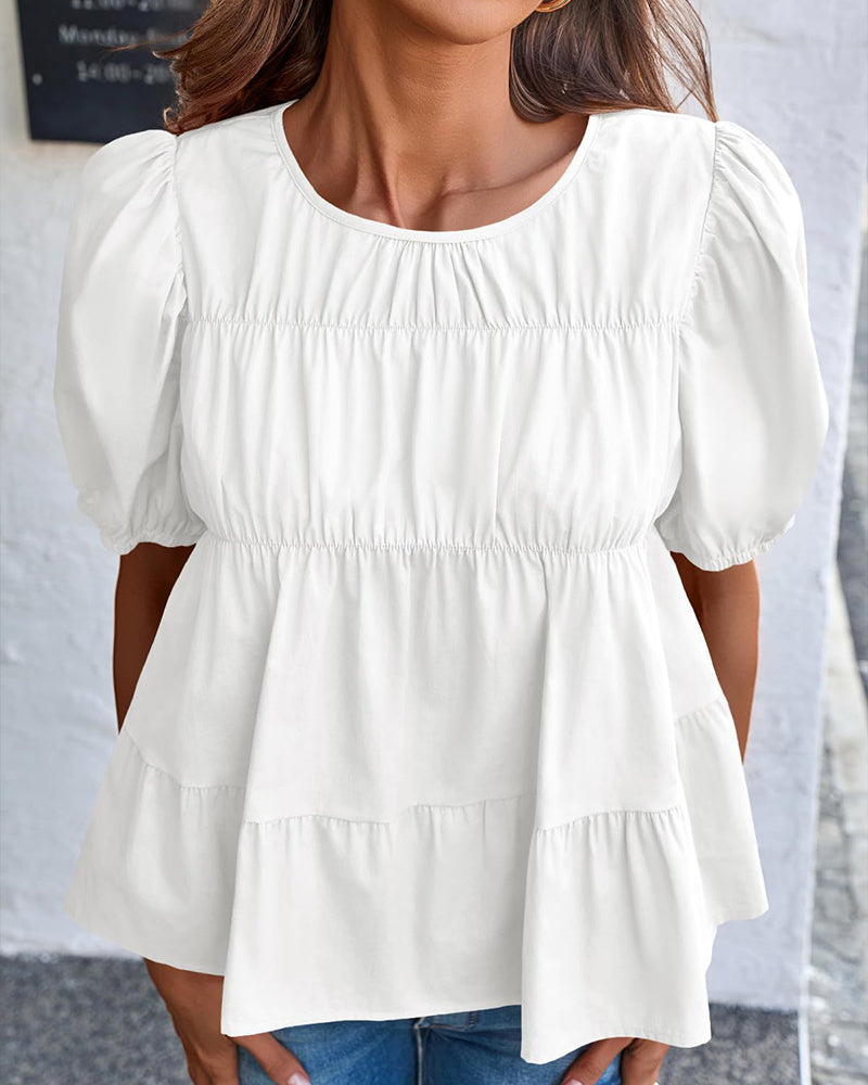 Blus Puffärm Loose-Fit Rynkad