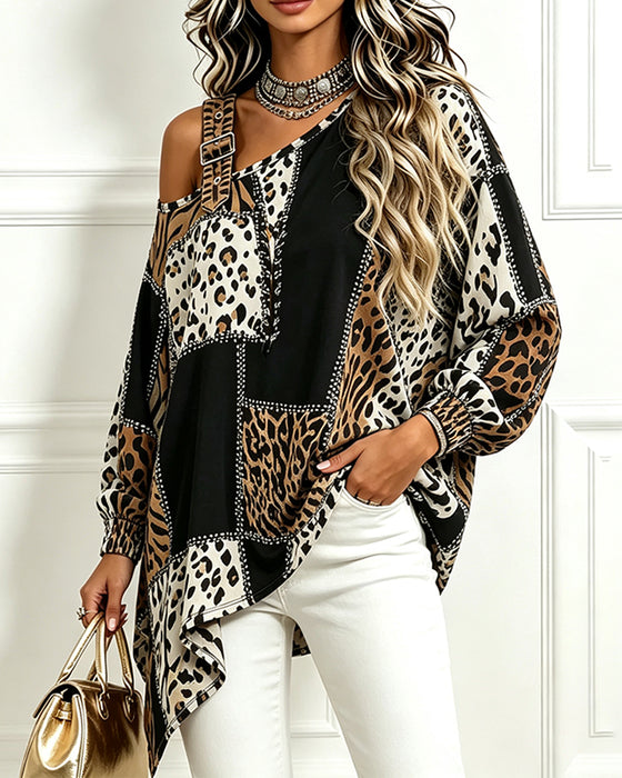 Blus Leopard Tryck Patchwork Asymmetrisk Hals Lång Ärm