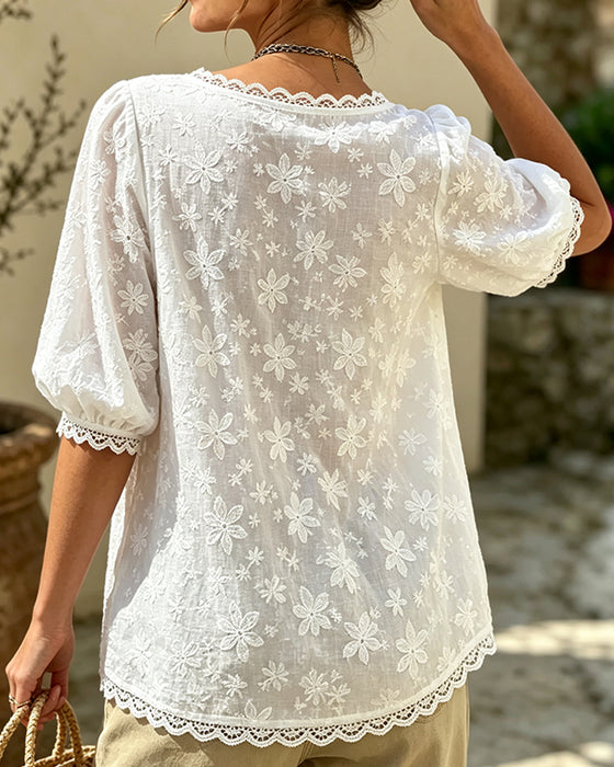 Blus Med Fyrkantig Hals Puffärmad Jacquard