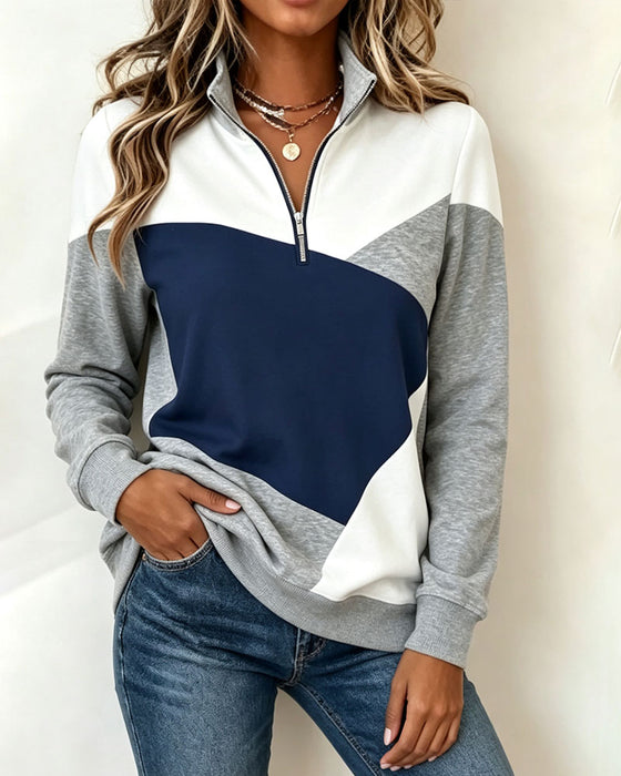 Sweatshirt Geometrisk Färgblock Dragkedja