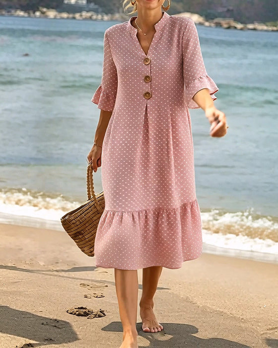 Klänning Polka Dot V-Hals Rynkad Ärm