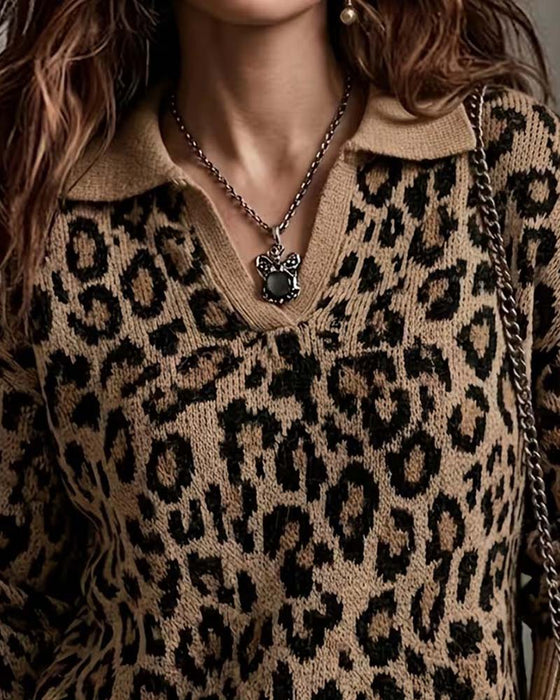 Pullover Krage Leopard V-Hals