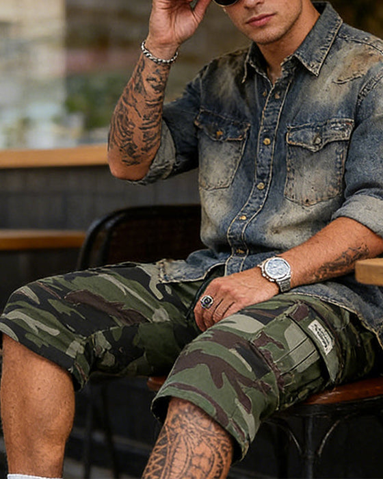 Herr Kamouflage Cargo Shorts Multi-Ficka Justerbar Midja Andningsbart Tyg