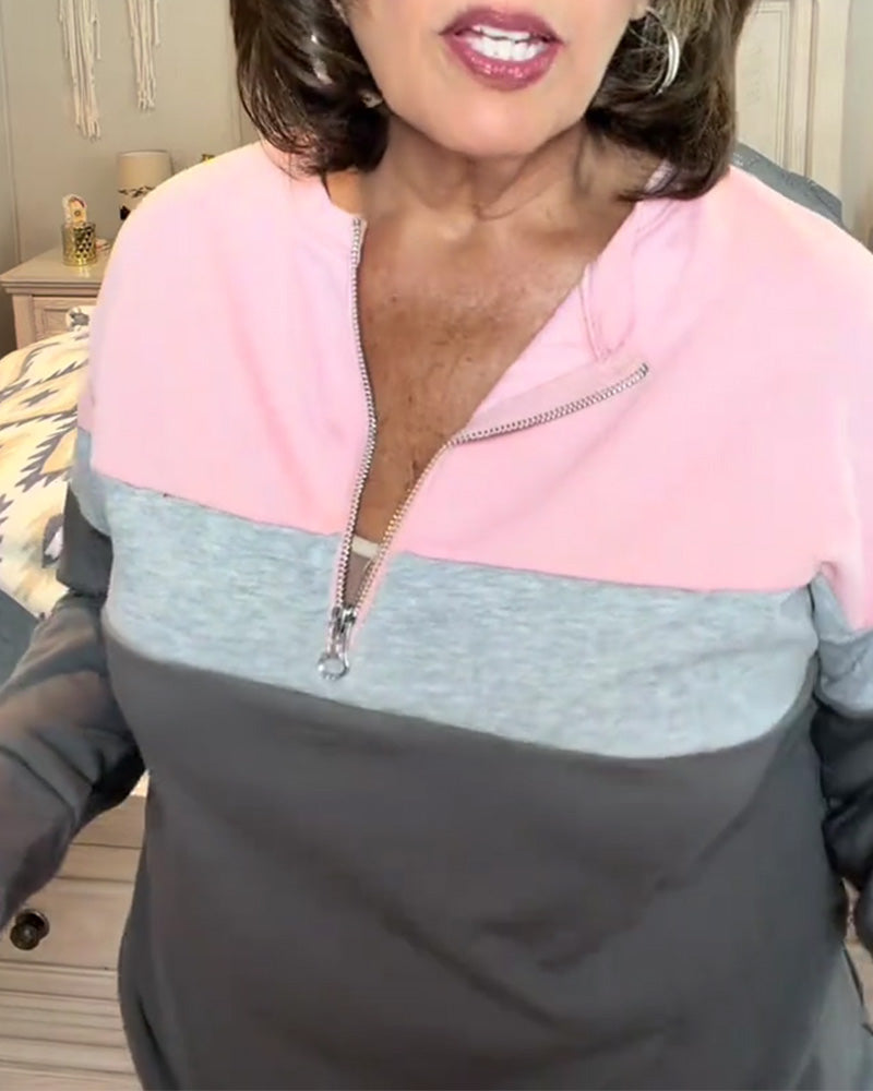 Sweatshirt Med Dragkedja, Ståkrage Och Färgblockering Långärmad