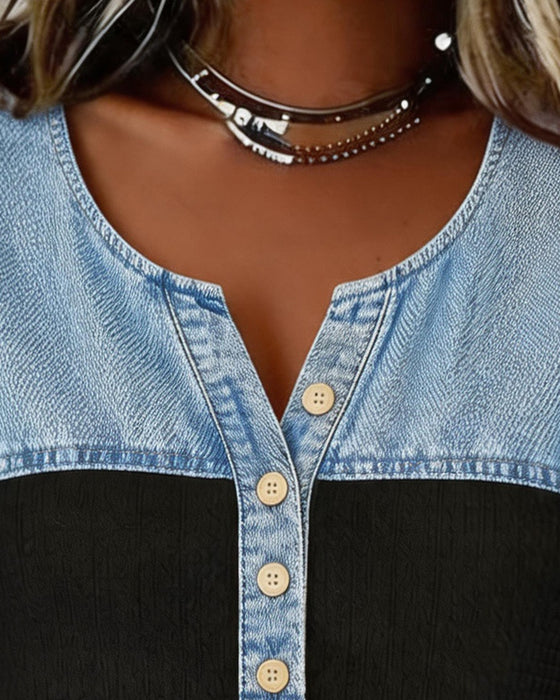 Blus Denim Patchwork Kort Ärm