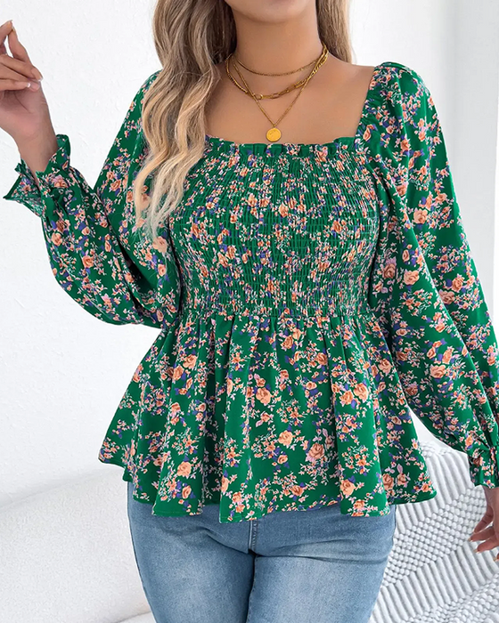Blus Fyrkantig Hals Rynkad Blommig Ruffle