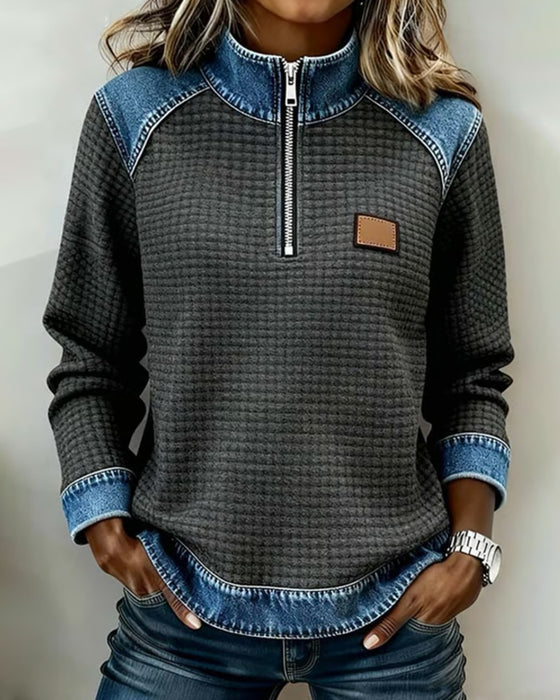 Hoodie Med Halv Dragkedja Och Färgblock