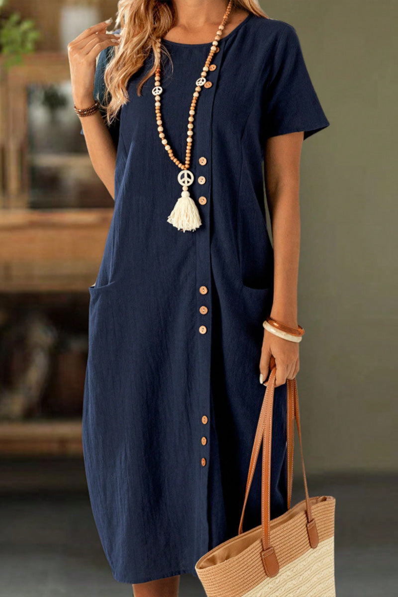 Klänning Knäppt Kortärmad Ficka Shift