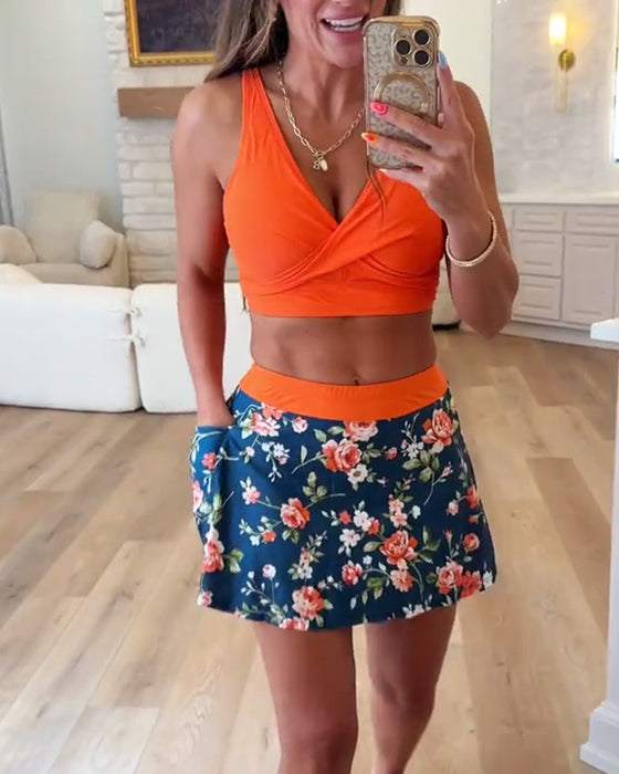 Bikini Färgblock Blommigt Print Skirtini