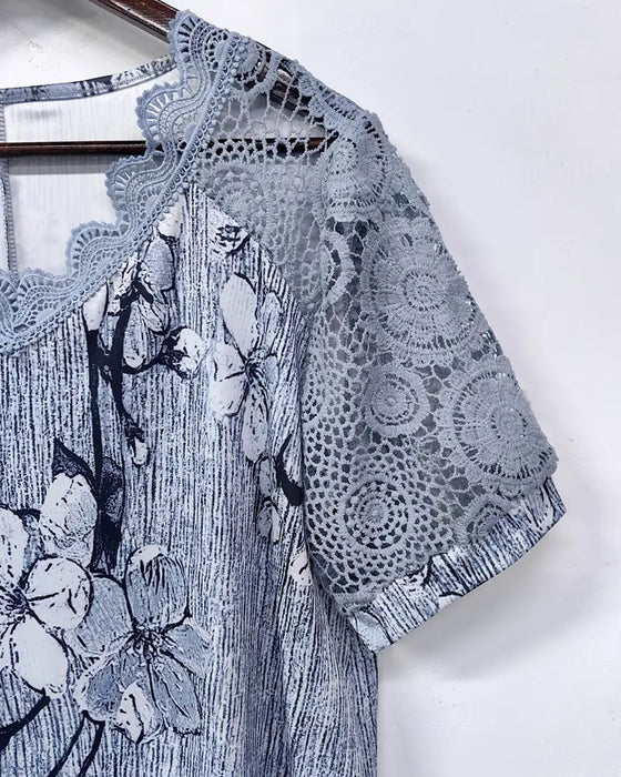 T-shirt Spets Virkad Patchwork Tryckt