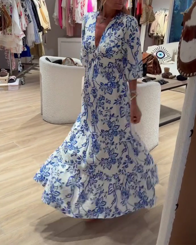 Klänning Djup V-Hals Elegant Blommig Lång