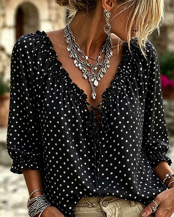 Blus V-Hals Ruffle Polka Dot Knytning