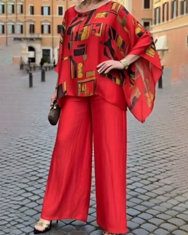 Tvådelad Set Geometriskt Tryck Vida Ben Byxor