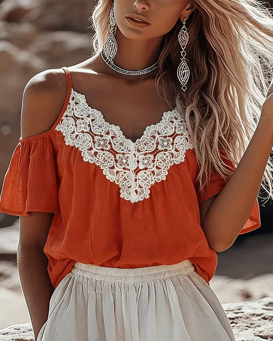 Blus Spets Patchwork Off-Shoulder