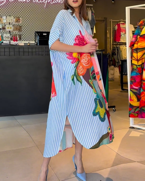 Vertikal randig blus med karaktärstryck i lapel