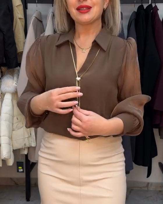 Blus Elegant Krage Chiffong Puffärm
