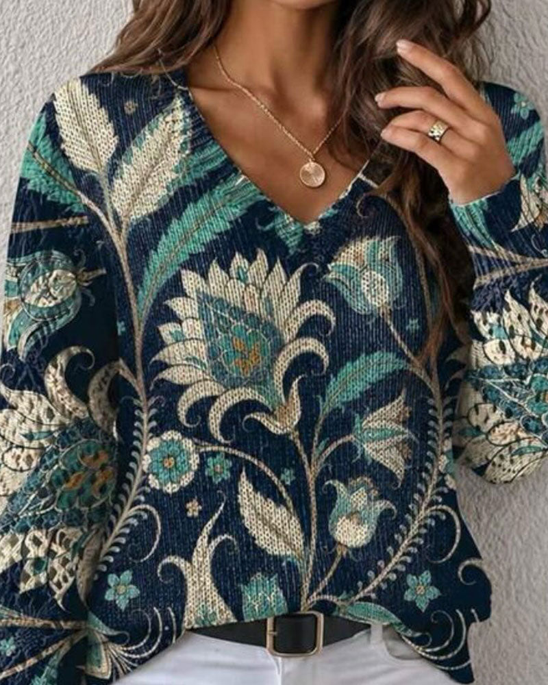 Pullover V-Hals Långärmad Blommig Tryck