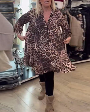 Klänning Långärmad Leopardskrivmönster