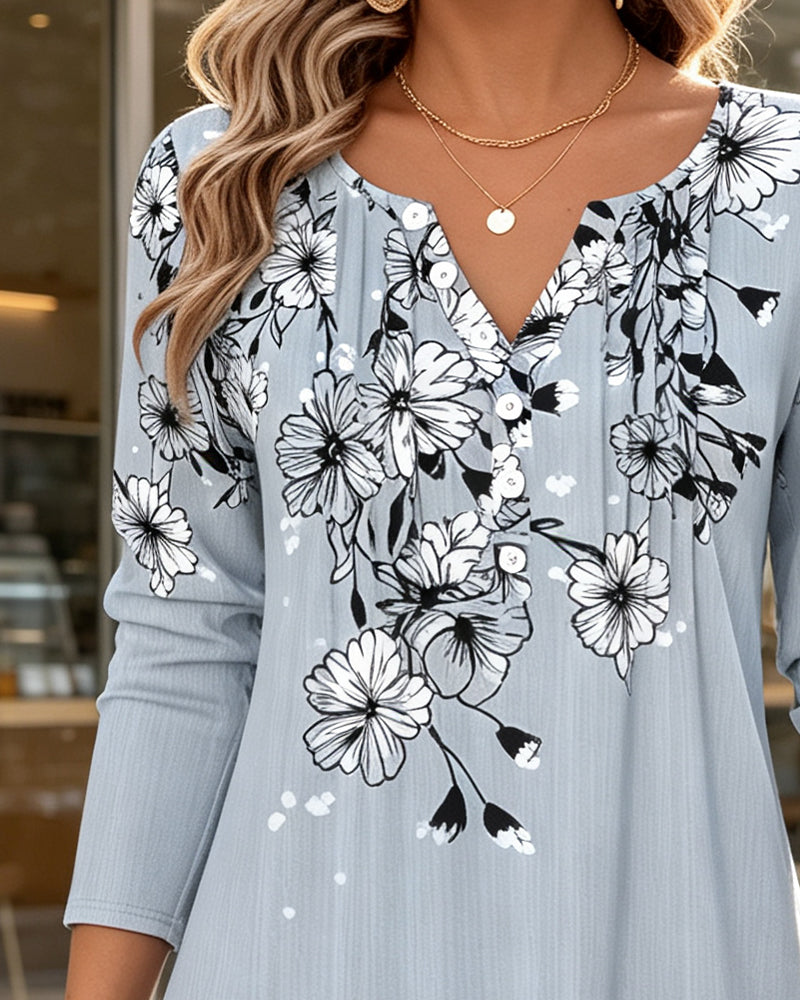 Blus Mini V-Hals Blommig Tryck