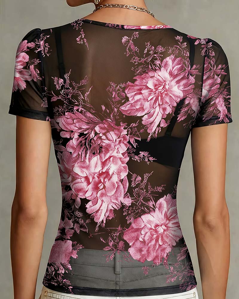T-Shirt Med V-Ringning Och Blommönster Kort Ärm