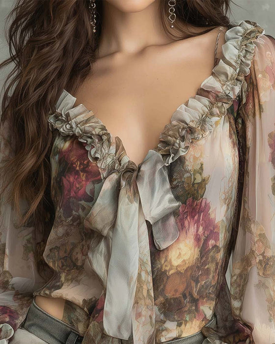 Blus Lotusmönster Elegant