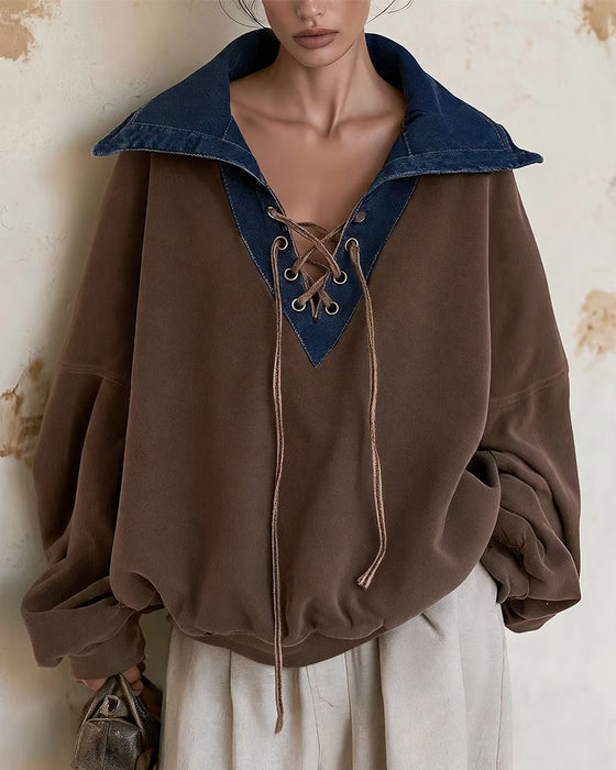 Sweatshirt Slag Denim Patchwork Lös