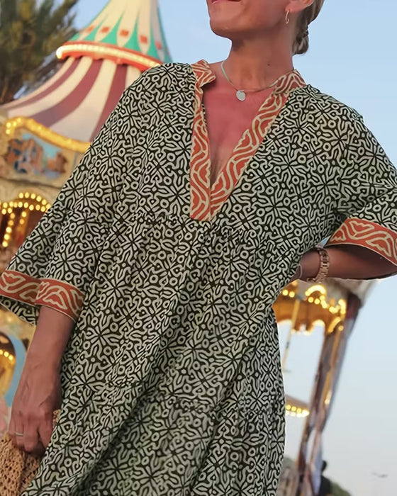 Klänning V-Ringning Kortärmad Tryck Semester