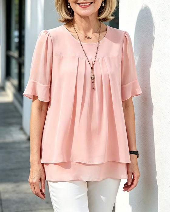 Blus Rundhalsad Rynkad Ruffle