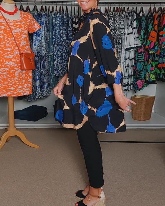 V-ringad avslappnad långärmad blus i kontrastfärg