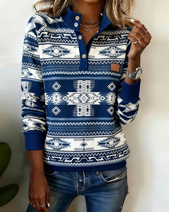 Tryckt Sweatshirt Med Knappar Och Skinnetikett