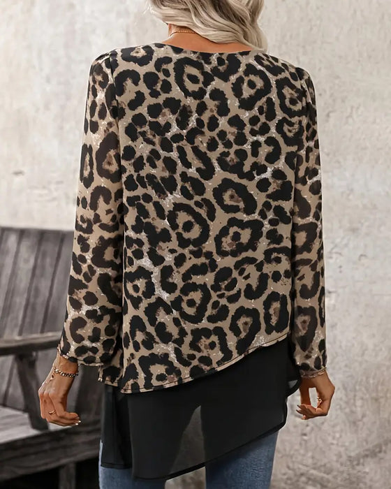 Blus Med Leopardmönstrad Patchwork
