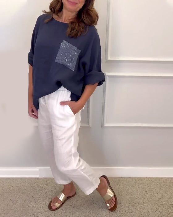 Panelad paljettficka topp med rund halsringning