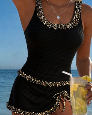 Tankini Leopard Tryck Spets U-Hals Klänning