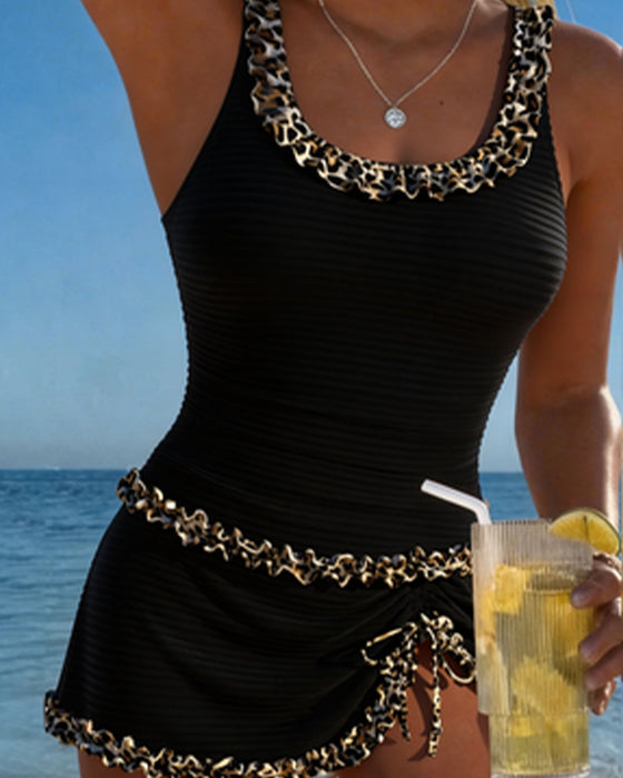 Tankini Leopard Tryck Spets U-Hals Klänning