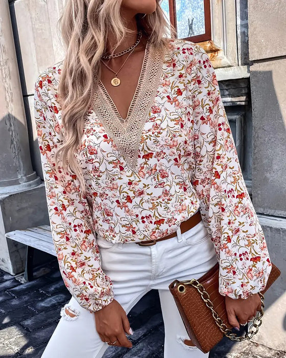 T-shirt med långärmad tryck och v-ringning